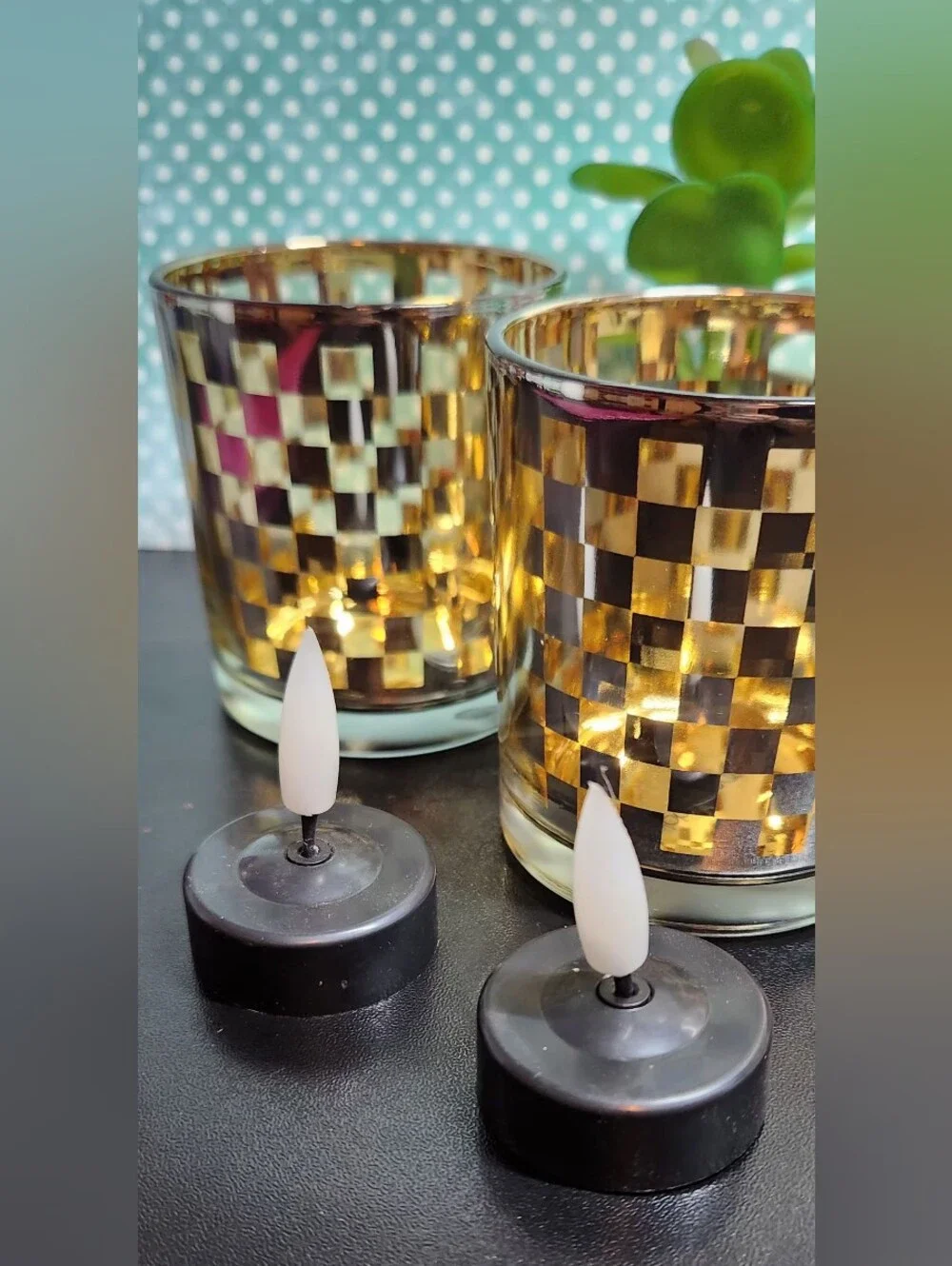 Vintage Bloomingdale's Gold Checkerboard Glass Votive Candle Holders Set Of 2